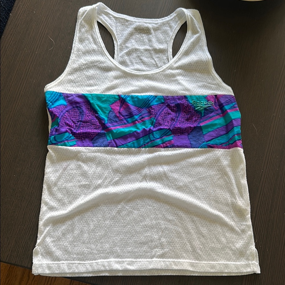 Rare Vintage Reebok Women's Unisex White & Purple Mesh 90s Tank Top Dixie Cup